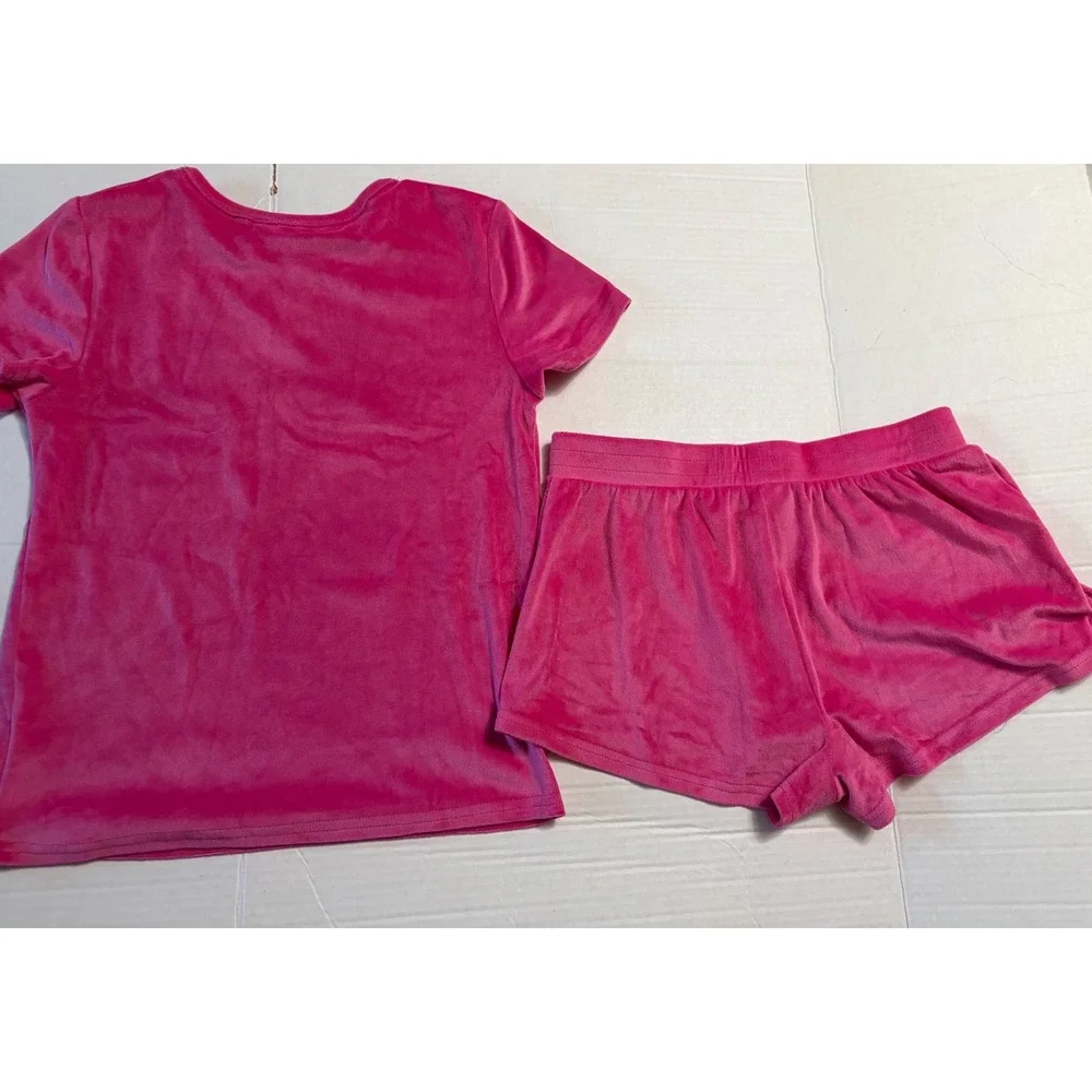 Juicy Couture Womens Hot Pink Velour Rhinestone Heart Pajama Lounge Set‎ Small